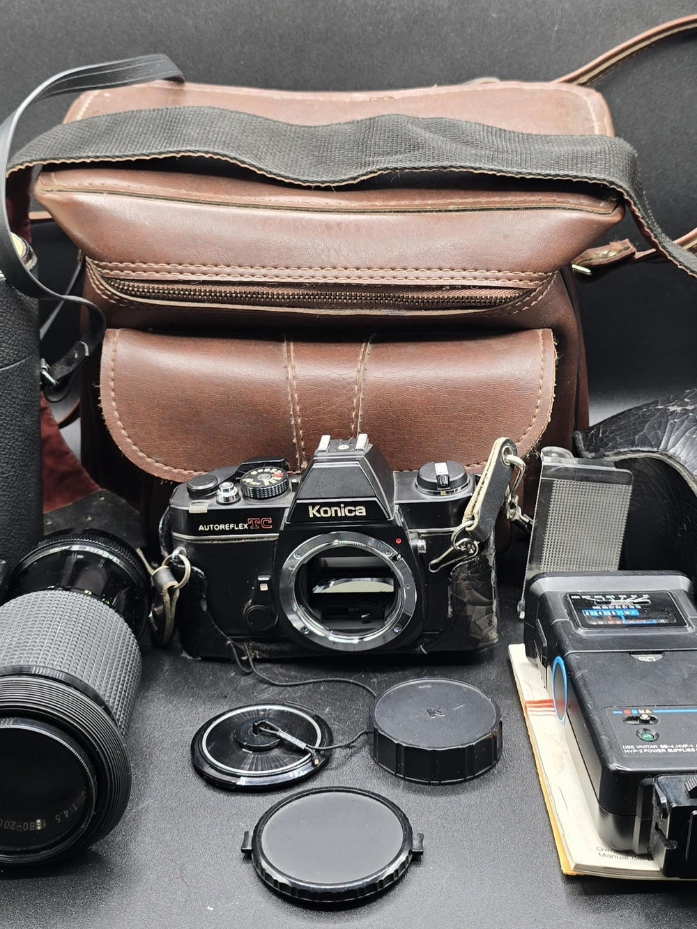 Konica Autoreflex TC 35mm SLR Camera - Black with Brown Leather Case